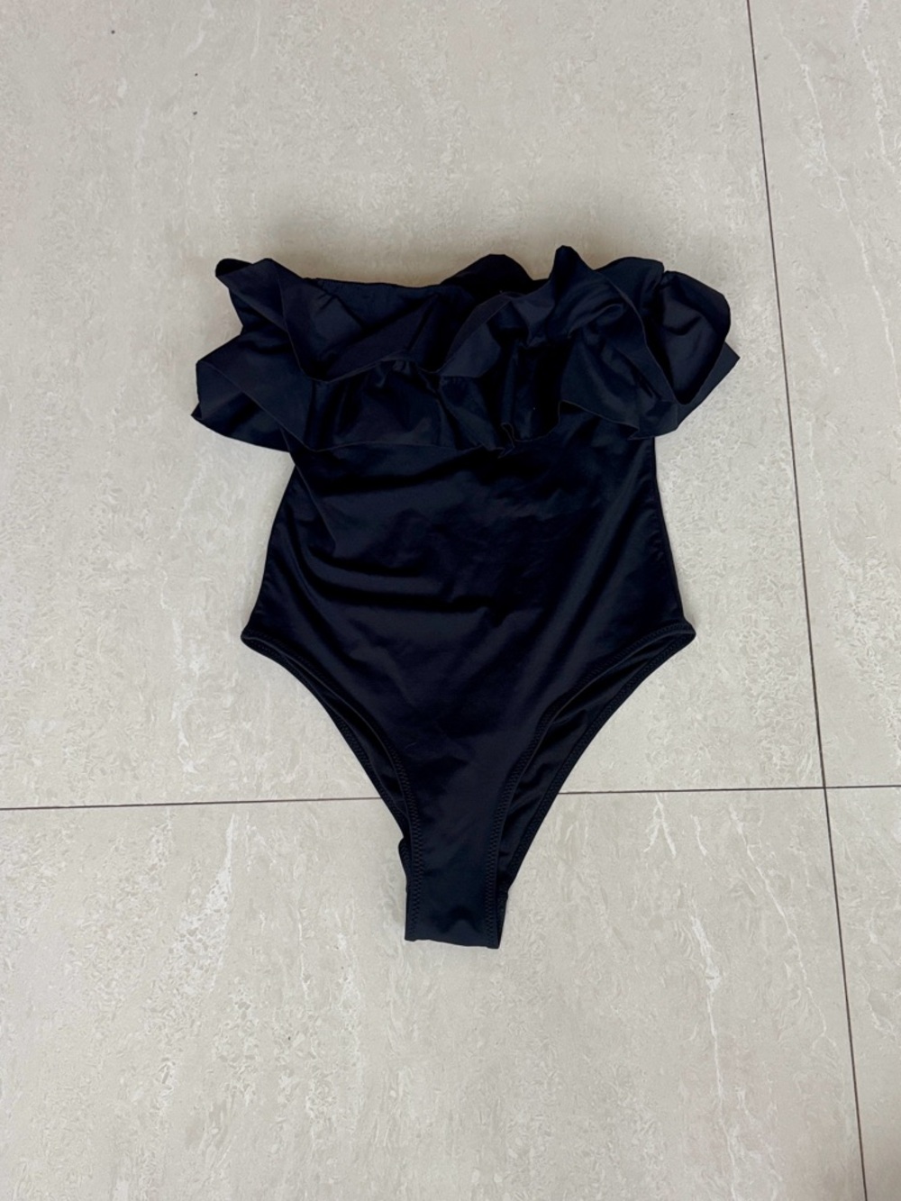 Off-Shoulder Ruffle One-Piece Swimsuit in Black by Zara